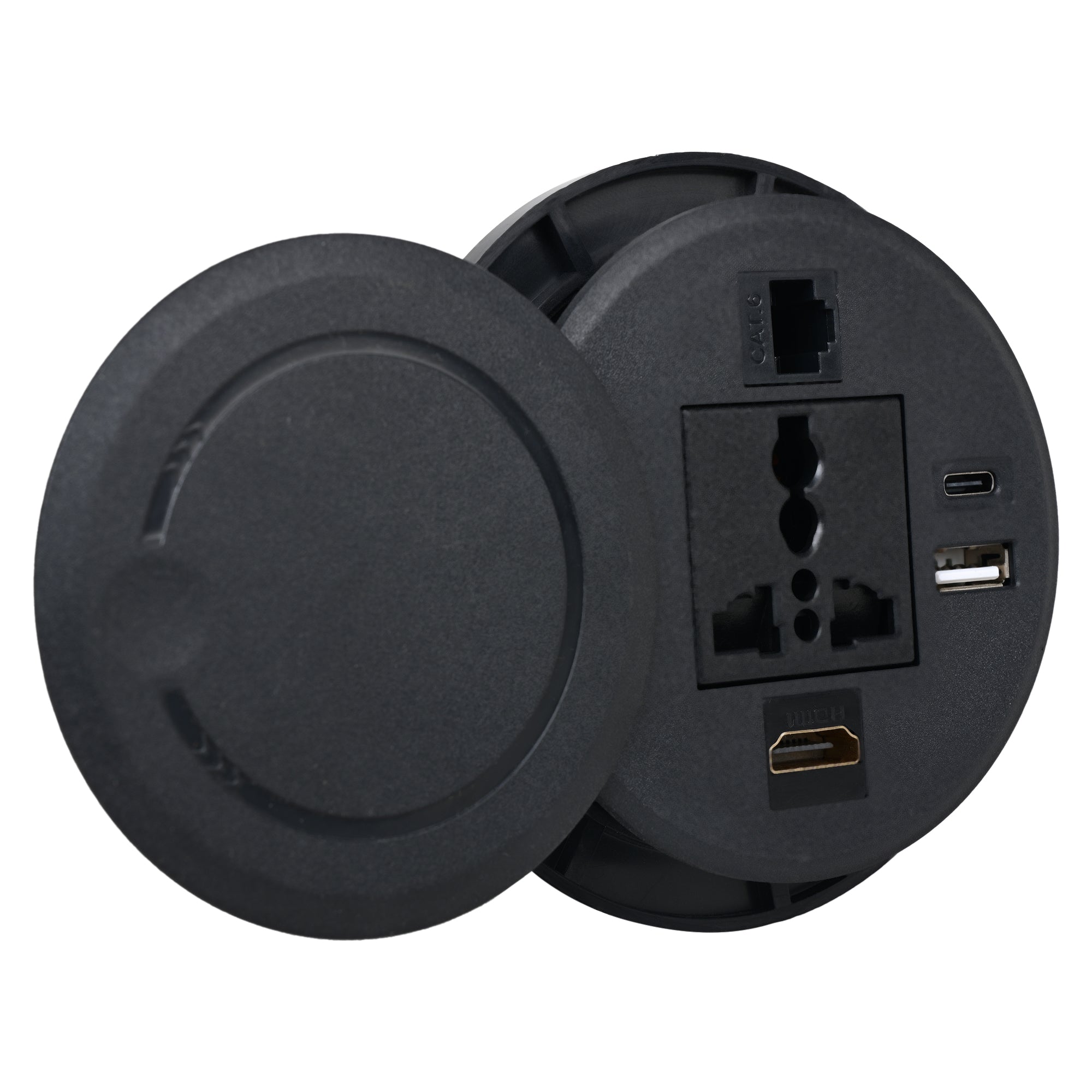 BOXNUBE Office Desk Swivel Round Grommet Socket with 6A Power, USB A, USB C, HDMI & CAT6 Lan Sockets | Round Cable Cubby BOXNUBE Office Desk Swivel Round Grommet Socket with 6A Power, USB A, USB C, HDMI & CAT6 Lan Sockets | Round Cable Cubby